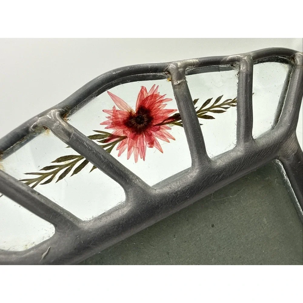 Vintage 1980s Pressed Flower Glass Frame‎ Pewter Tone Picture Frame Cottagecore